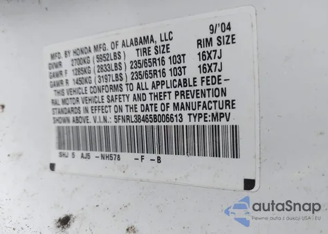 2005 Honda Odyssey Ex from USA, damaged, VIN 5FNRL38465B006613